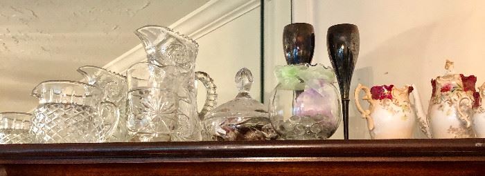 Many crystal and pressed glass items.