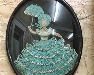 FABULOUS FRAMED CROCHETED LADY WITH PARISOL 