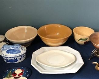 Yelloware bowls and antique ironstone platters