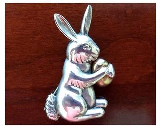 Beautiful Little Brooch; Sterling Silver Bunny Holding a 14K Gold Egg 