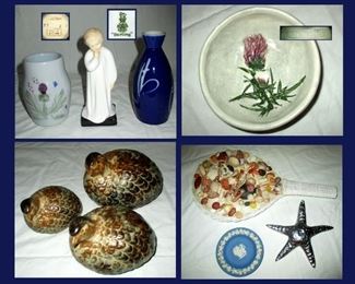 Buchan Pottery Scotland, Royal Doulton Darling, Saltmarsh Pottery Dartmouth MA, Vintage Birds, Wicker Hand Fan with Shells, Wedgwood Dish and One of Two Metal Starfish 