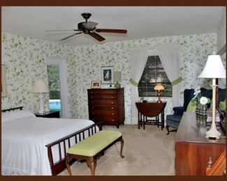 Master Bedroom with Mid Century Modern Willett Chest of Drawers, Dresser with Mirror and Bed. Queen Size Vintage Chenille Bedspread and Nice Lamps 