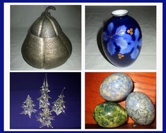 Metal Gourd Box, Tiny Blue Vase, Crystal Christmas Trees and Marble Eggs 