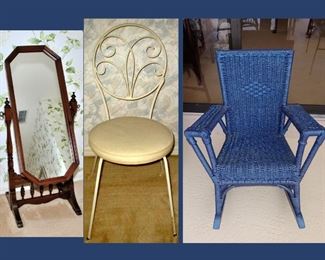 Standing Mirror,  Metal Chair; One of a Matching Pair and Cute Wicker Child's Chair