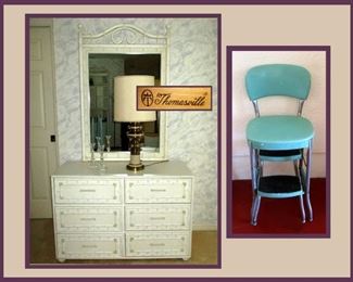 Thomasville Dresser and Mirror and Vintage Kitchen Chair Stool