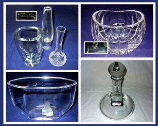 Steuben Vase, Waterford Bowl, Orrefors Bowl , Cut Glass Bud Vase and MCM Decanter with Silver Sherry ID Tag 