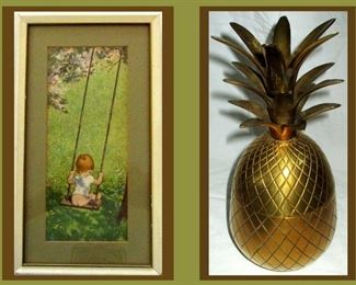 Cute Little Print of Child on Swing and Brass Pineapple Box 
