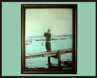 Old Photo Circa Late 1920's Little Boy on Pier Catching a Fish; SO Cute!
