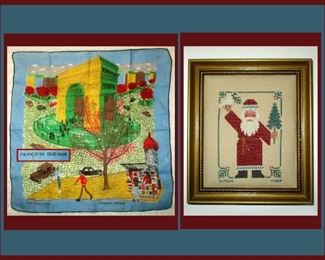 Signed Francoise Durieux Handkerchief and Signed Cross Stitch Santa Claus 