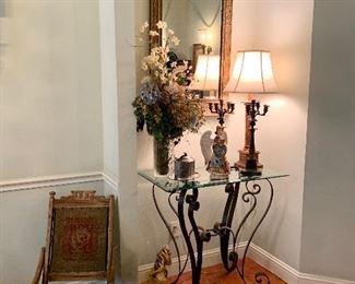 Glass & Iron Table, Antique French Mirror, Antique Toys