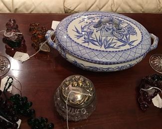 Great 19th C blue and white covered vegetable, dresser jar, pair of Waterford candlesticks, lots of glass grapes