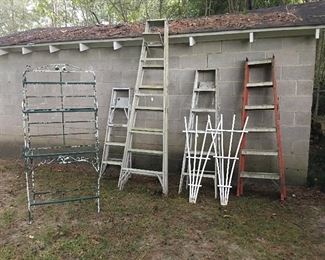 Iron baker's rack, trellises and lots of outdoor ladders (about 7 in total)
