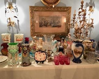 Art glass, lustres, pitchers, vases and bowls of all sizes - many 19th C