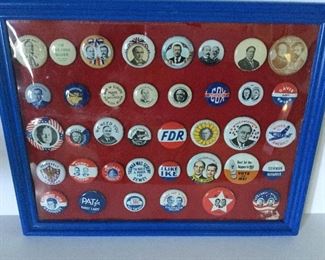 Framed collectible set of campaign buttons.