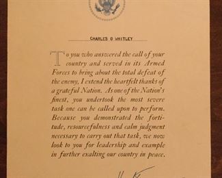 Signed Letter to soldier from President Truman at end of WW2.