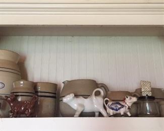 Assorted Collection of Crock Pottery, Delft Blue Cow Creamers