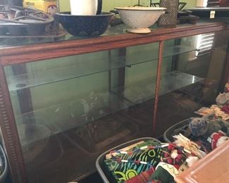 Assorted Bowls, Antique Store Display Cabinet Sliding Glass Doors