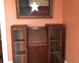 Cedar Wood Framed Texas Flag with Mirror, Antique Secretary