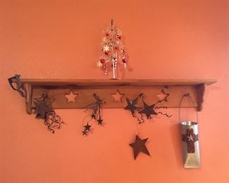 Wooden Shelf, Assorted Tin Star Ornaments, Glass Mini Christmas Tree