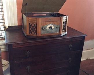 Dark Wood Mini Sideboard/Dresser, Emerson Reproduction of Old Time Radio Vinyl, CD's, Radio