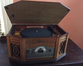 Dark Wood Mini Sideboard/Dresser, Emerson Reproduction of Old Time Radio Vinyl, CD's, Radio