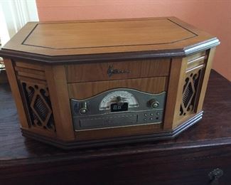 Dark Wood Mini Sideboard/Dresser, Emerson Reproduction of Old Time Radio Vinyl, CD's, Radio