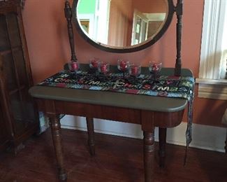 Antique Vanity with Oval Mirror, Votive Candle Arrangement, Christmas Table Runner