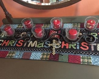 Christmas Table Runner, Wrought Iron Votive Cups & Candles