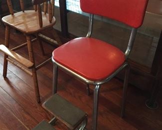 Vintage Chrome Red Vinyl Kitchen Step Stool/Chair