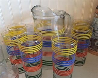 Vintage Glass Pitcher Striped & Glasses