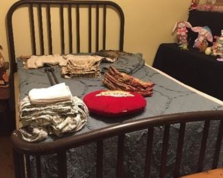Iron Tubular Bed & Mattress, Assorted Linens, Wooden Bench
