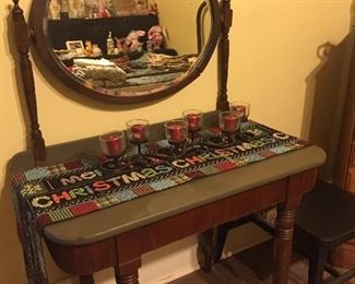 Antique Vanity with Oval Mirror, Votive Candle Arrangement, Christmas Table Runner
