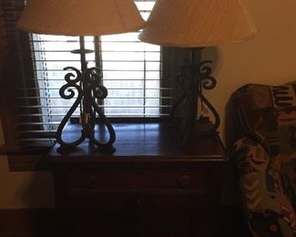 Pair of Wrought Iron Lamps, Antique Radio Table
