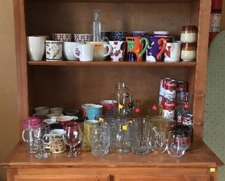 Maple Hutch/Buffet Cabinet, Assorted Selection of Coffee Mugs