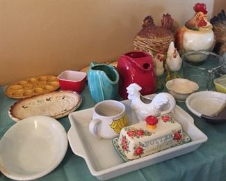 Vintage & Modern Cookie Jars, Ceramic Trays, Butter Dish, Fiesta Pitcher, Pyrex Ware