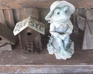 Assorted Birdhouses, Resin Frog, Wooden Angel, Wooden Rustic Bench