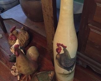 Assorted Rooster Collection, Antique Library Style Table, Cast Iron Chili Pot, Crock