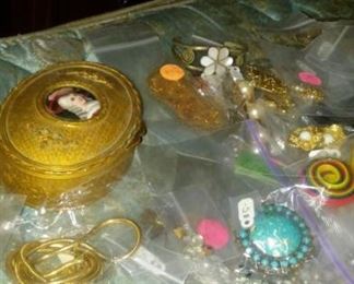 Lots of Costume Jewelry; Rhinestones; Gold Filled; Victorian Jett; Compacts; Boxes; Retro Pieces; Sterling Jewelry