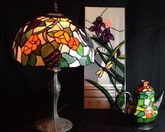 Tiffany Style Lamp, Cheyenne Stained Glass Teapot, and Artist Created Stained Art