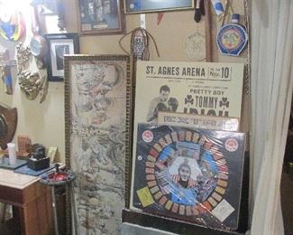 Vintage wall tapestry, vintage posters, and some handmade outsider art.