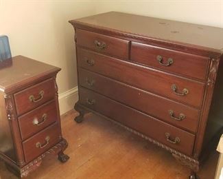 Mid 20th century, Chippendale style mahogany bureau (mirror not shown) and bedside table.
