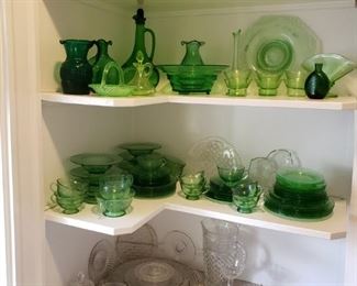 Green depression glass, various patterns