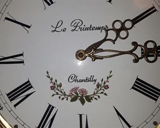 Vintage Dutch Wall Clock. " Le Printemps: Chantilly". Brass and enamel with hanging chimes & pendulum.