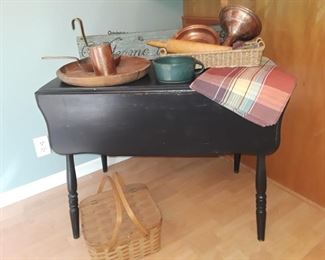 Vintage dropleaf table, copper decor, rustic farmhouse style. 