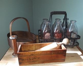 Vintage milk bottles, copper and wooden decorative elements, Several wooden spools available. Different sizes. 