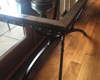 Glass and wood top console table with metal base