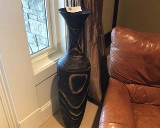 Large wooden vase and Italian leather chair and ottoman