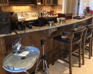 Bar stools, galvanized tray table and other bar accessories