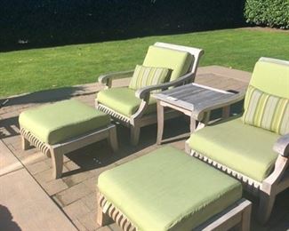 Smith & Hawken chairs, ottomans and side table. Sold with cushions and covers