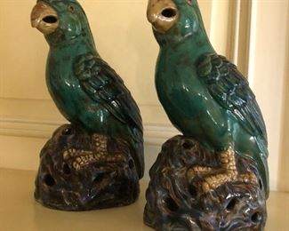 Pair of Chinese green glazed earthenware parrots. 20th century.  sold in pairs for $580